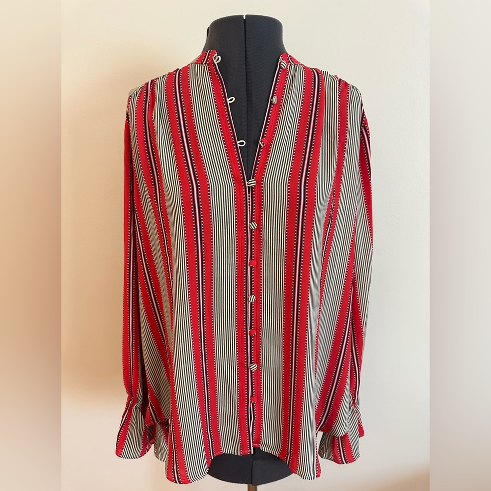 LOFT Ruffle Long Sleeve Striped Blouse Petite Plus Size